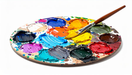 Colorful artist palette with vibrant paints and brush on white background