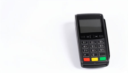 Isolated black credit card payment terminal with keypad and screen on a white surface