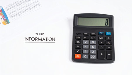 Isolated black calculator on a white background with ample copy space for text or other elements