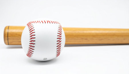 A baseball resting on a wooden bat
