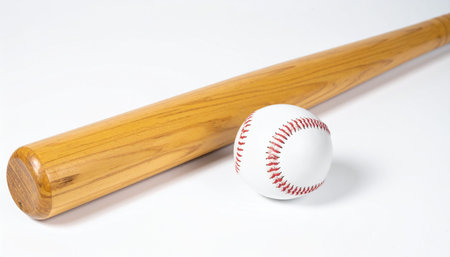A wooden baseball bat and a baseball on a clean white surface.