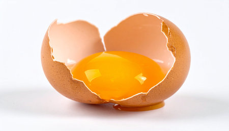 Cracked brown eggshell with yolk oozing out on white background