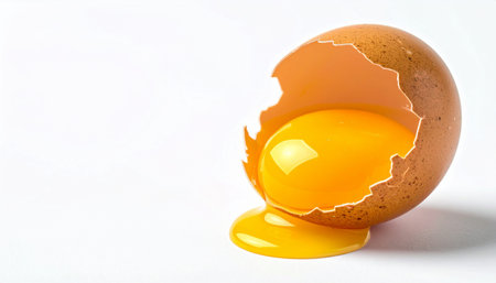 Cracked brown egg with yolk leaking on white background