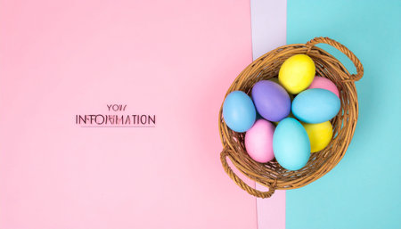 Pastel Easter eggs in a wicker basket on a pink and blue background