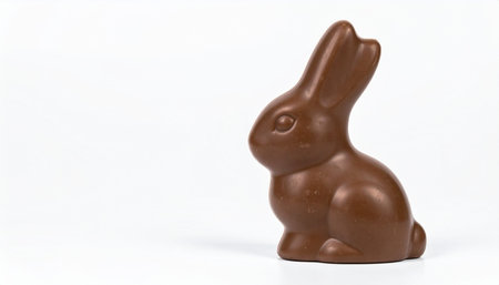 A chocolate Easter bunny figurine on a plain white background, symbolizing Easter holiday treats.