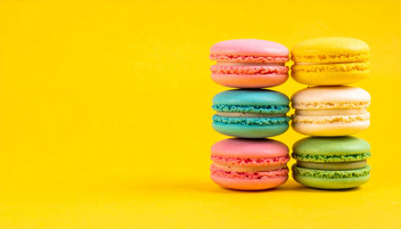 Vibrant macarons in pastel shades stacked on a bright yellow background