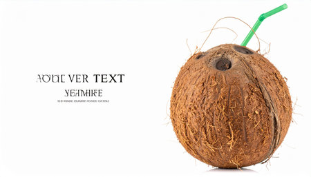 Fresh coconut with green straw on plain white background