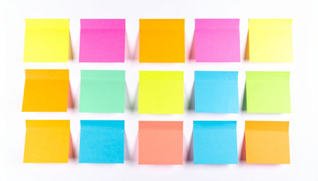 Multicolored adhesive notes arranged neatly on a plain white surface for organization and planning