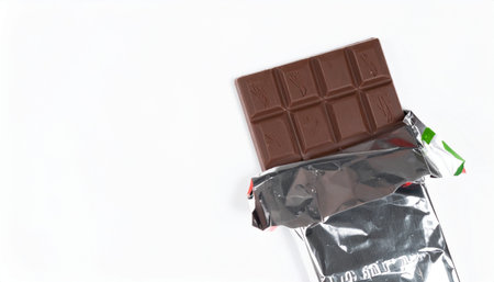 A chocolate bar unwrapped and partially exposed from its foil packaging on a white background.