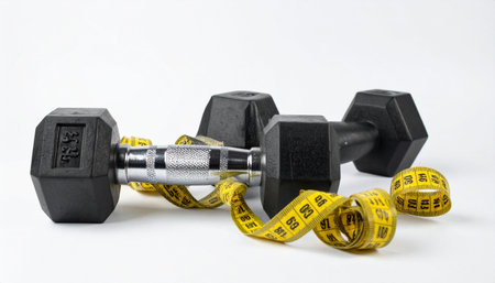 Black dumbbells with yellow measuring tape, fitness and weight loss theme