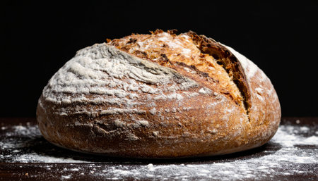 A loaf of freshly baked bread on a wooden surface covered in flour