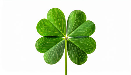 A single four leaf clover with green leaves on a white background