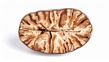 A dried fig cut in half revealing its interior texture and seeds on a plain white background.