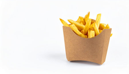 Golden fried potatoes in brown cardboard
