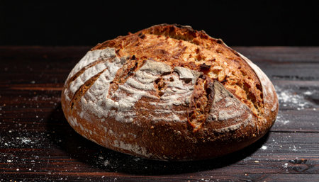 A loaf of freshly baked crusty bread on a wooden table with flour scattered around