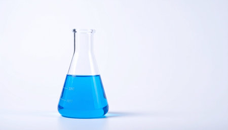 Erlenmeyer flask containing blue liquid on white background