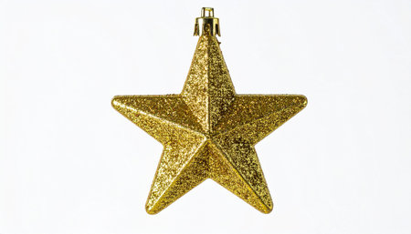 Golden star Christmas tree ornament hanging on white background
