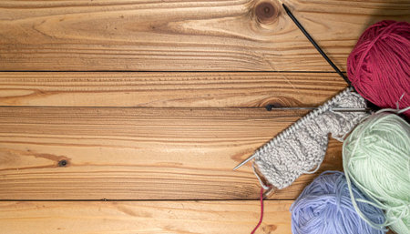 Balls of yarn and knitting needles on a wooden surface
