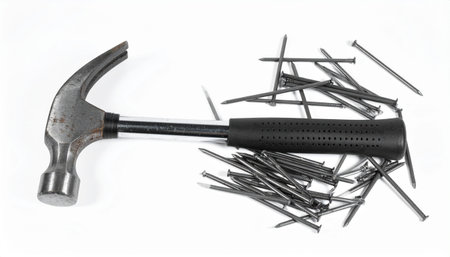 A hammer with a black handle and metal head lies next to a pile of metal nails on a plain white...