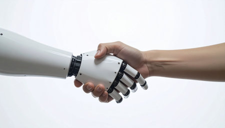 A human hand shaking with a robotic hand
