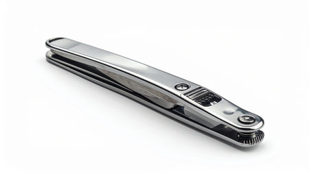 Close-up of a metal nail clipper on a plain white surface