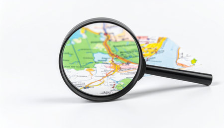 Detailed view of a map through a magnifying glass, highlighting navigation and exploration.