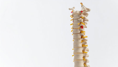 Detailed anatomical model of the human spine on a white background, highlighting vertebrae and...