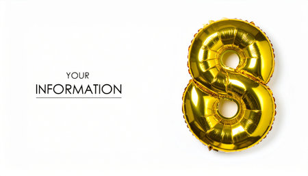 Shiny gold number eight balloon on white background
