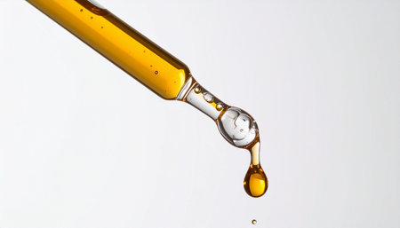 Pipette dispensing a single drop of yellow liquid against a white background