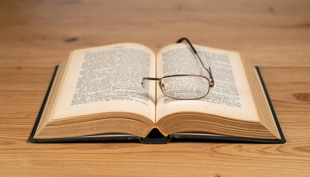 A pair of glasses on an open book resting on a wooden table
