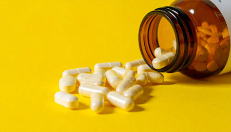 White pills scattered from open brown bottle on yellow background