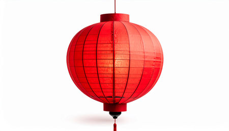 A single red Chinese lantern suspended from above on a white background