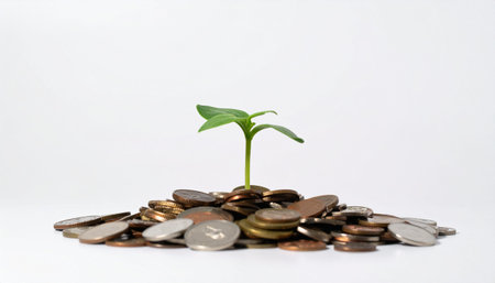 A small green plant sprouts from a pile of coins