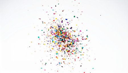 Vibrant confetti pieces scattered on a plain white surface, creating a festive atmosphere.の写真素材