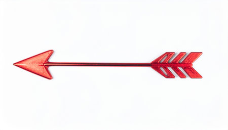 Isolated red arrow with sharp tip and fletching on a plain white backgroundの写真素材