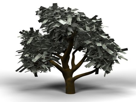 3D illustration of a money tree with 1 dollar bills as leafsの写真素材