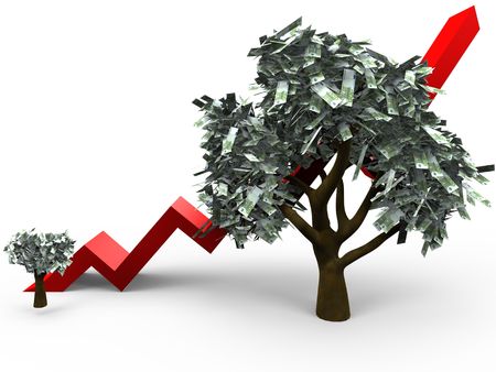 3D cartoon illustrating the growth of a money tree with 100 euro leafsの写真素材