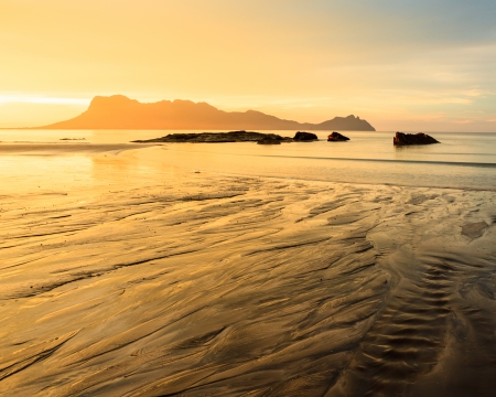 Golden light at beach in borneo bako national park malaysiaの写真素材