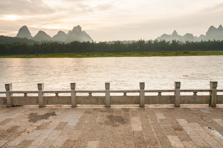 Li river landscape and empty street from yangshuoの写真素材