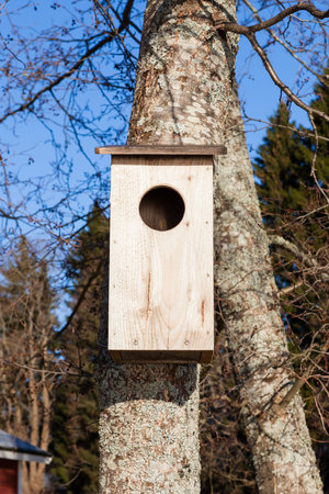 Empty waterfowl birdhouse on tree