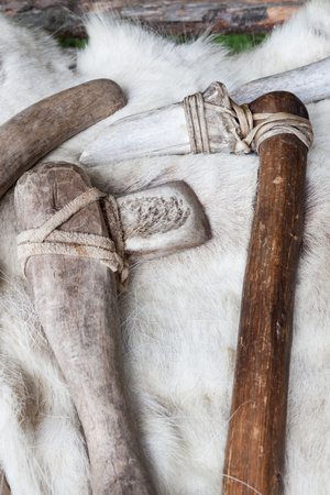 Handmade stone age axes in a rowの写真素材