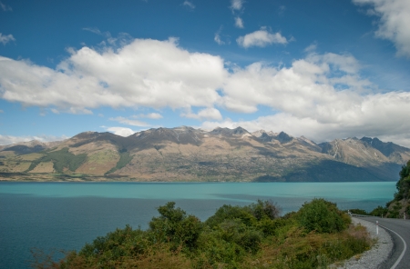 Scenic view of Lake Wakatipu, Glenorchy Queenstown Road, South Island, New Zealandの写真素材