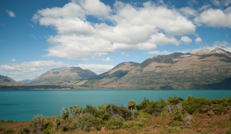 Scenic view of Lake Wakatipu, Glenorchy Queenstown Road, South Island, New Zealandの写真素材