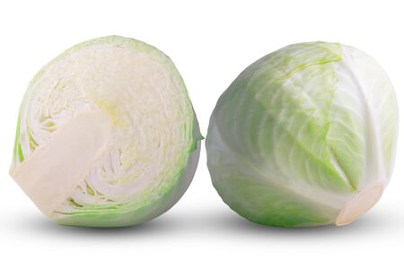 cabbage vegetable isolated on white background. One whole and half. Macro very high resolution.の写真素材
