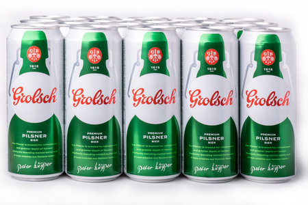Tatarstan, Russia - Dec 08th 2020. Beer installation Grolsch aluminum drink can. Beer can or soft drink on white background.のeditorial素材