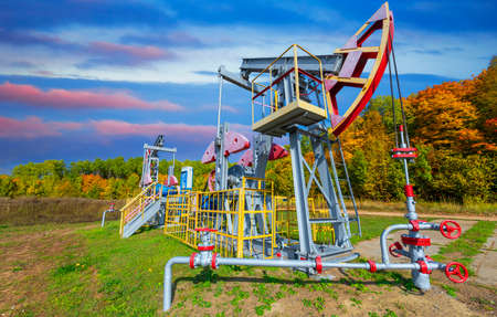 Oil pump jack is the overground drive for a reciprocating piston pump in an oil well. It is used to mechanically lift liquid out of the well if not enough bottom hole pressure exists for the liquid to flow all the way to the surface. The arrangement is commonly used for onshore wells producing little oil. Pumpjacks are common in oil-rich areas.の写真素材