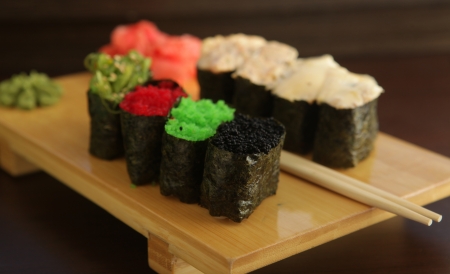 sushi set on wood plateの写真素材