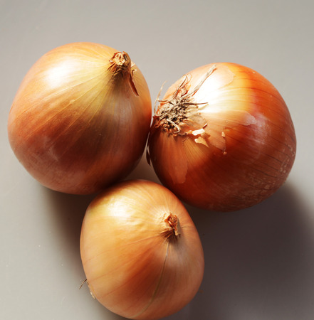 Three onions on gray backgroundの写真素材