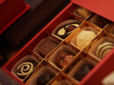 delicious chocolate candies in a boxの写真素材