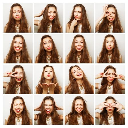 Collage of portraits of a beautiful young  happy womanの写真素材